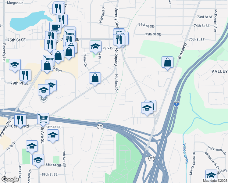 map of restaurants, bars, coffee shops, grocery stores, and more near 1425 Kossuth Avenue in Everett