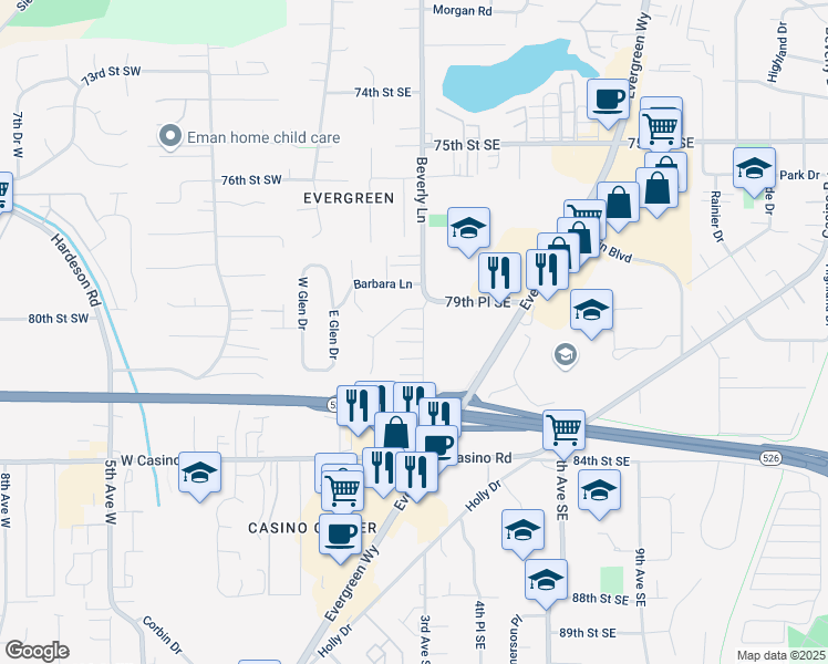 map of restaurants, bars, coffee shops, grocery stores, and more near 8022 Beverly Lane in Everett