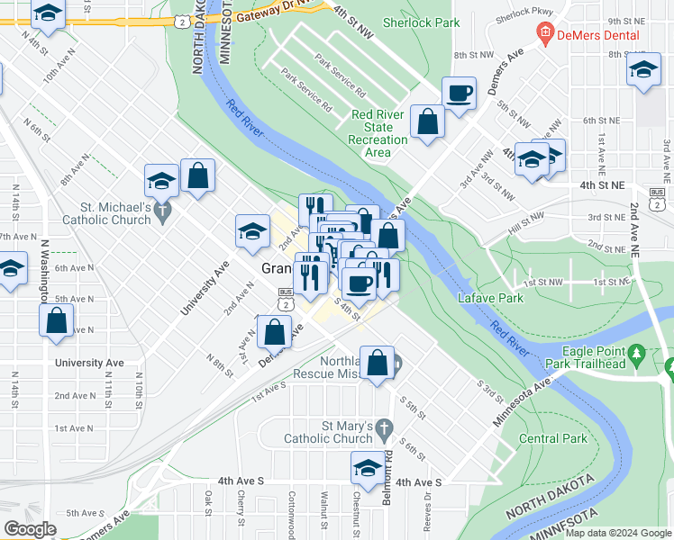 map of restaurants, bars, coffee shops, grocery stores, and more near 307 Demers Avenue in Grand Forks