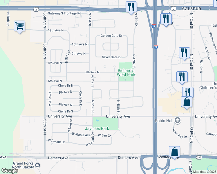 map of restaurants, bars, coffee shops, grocery stores, and more near 5042 5th Ave N in Grand Forks