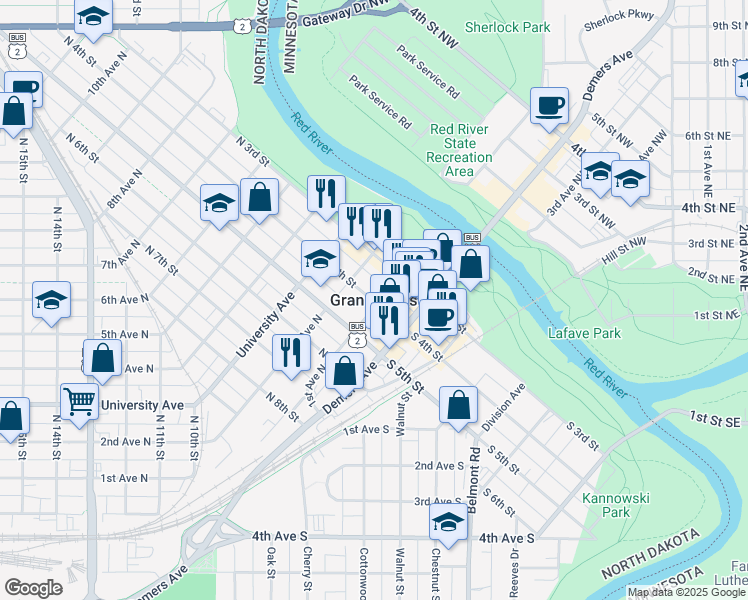 map of restaurants, bars, coffee shops, grocery stores, and more near in Grand Forks