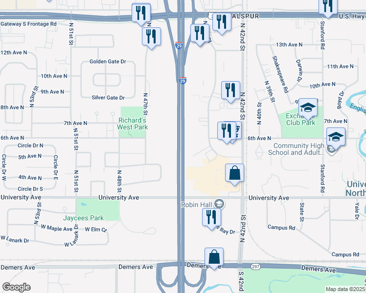 map of restaurants, bars, coffee shops, grocery stores, and more near Highway 81 in Grand Forks