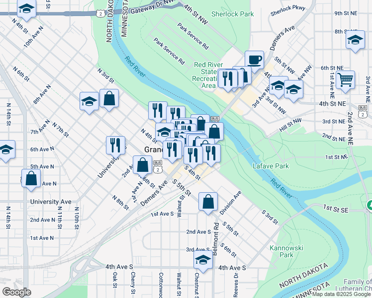 map of restaurants, bars, coffee shops, grocery stores, and more near 7 North 3rd Street in Grand Forks