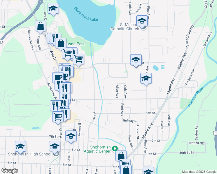 map of restaurants, bars, coffee shops, grocery stores, and more near 800 10th Street in Snohomish