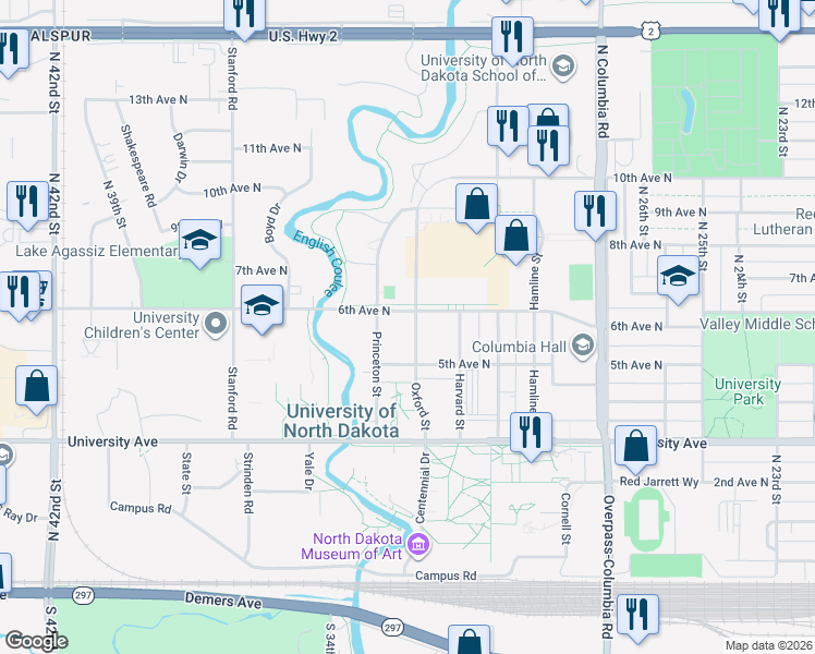 map of restaurants, bars, coffee shops, grocery stores, and more near 525 Oxford Street in Grand Forks
