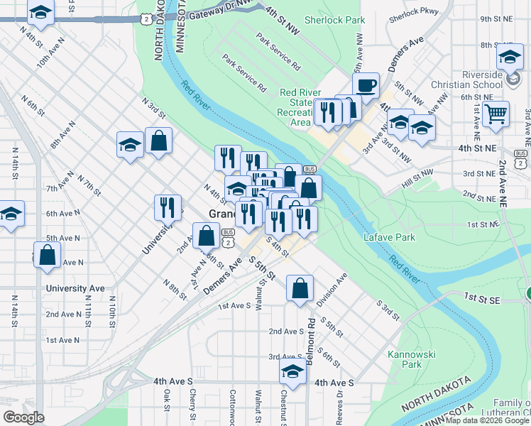 map of restaurants, bars, coffee shops, grocery stores, and more near in Grand Forks