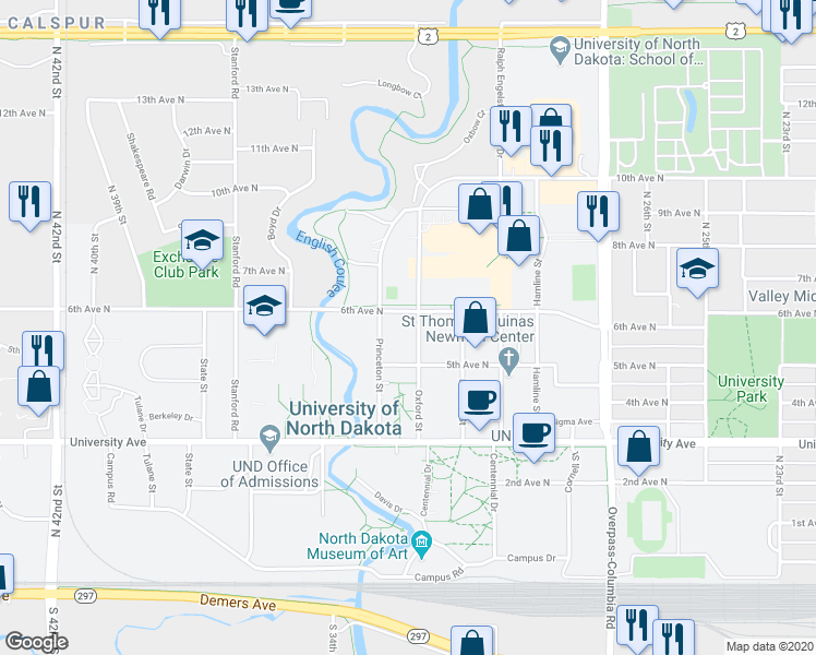 map of restaurants, bars, coffee shops, grocery stores, and more near 515 Oxford Street in Grand Forks