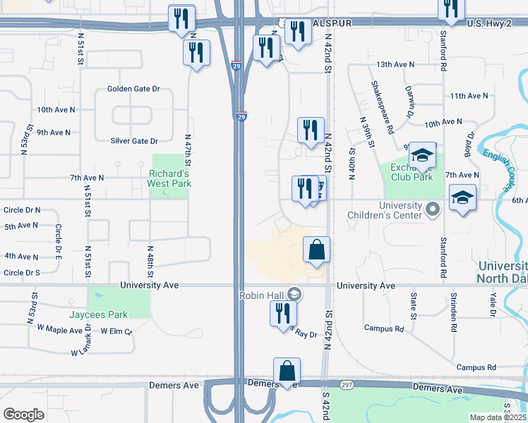 map of restaurants, bars, coffee shops, grocery stores, and more near 4297 5th Avenue North in Grand Forks