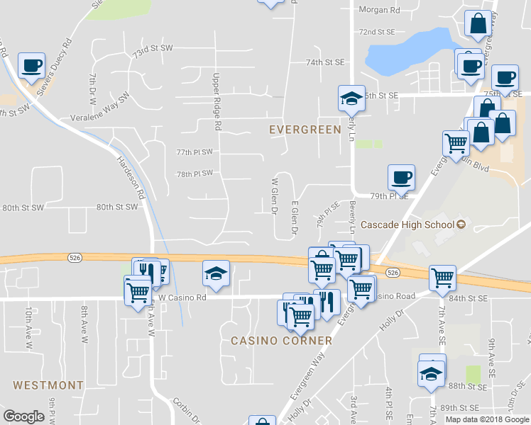 map of restaurants, bars, coffee shops, grocery stores, and more near 8018 79th Place Southeast in Everett