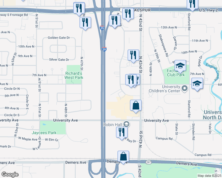 map of restaurants, bars, coffee shops, grocery stores, and more near 4297 5th Avenue North in Grand Forks