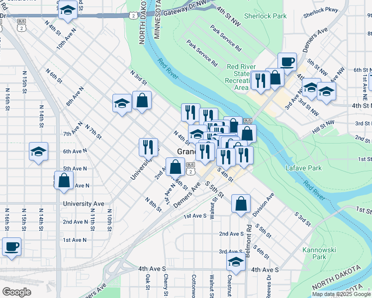map of restaurants, bars, coffee shops, grocery stores, and more near 115 North 4th Street in Grand Forks