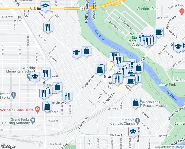 map of restaurants, bars, coffee shops, grocery stores, and more near 514 University Avenue in Grand Forks