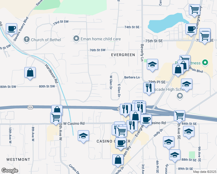 map of restaurants, bars, coffee shops, grocery stores, and more near 8016 West Glen Drive in Everett