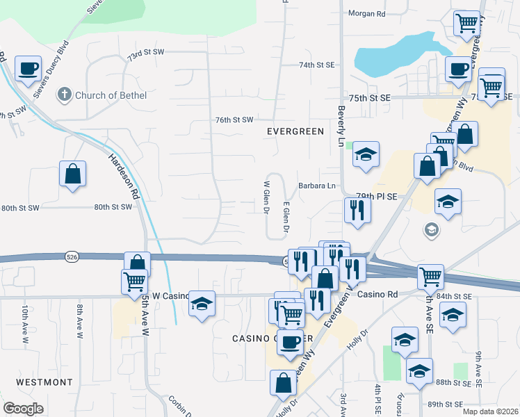 map of restaurants, bars, coffee shops, grocery stores, and more near 8016 West Glen Drive in Everett