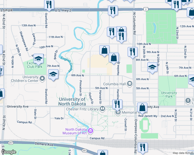 map of restaurants, bars, coffee shops, grocery stores, and more near 521 Harvard Street in Grand Forks