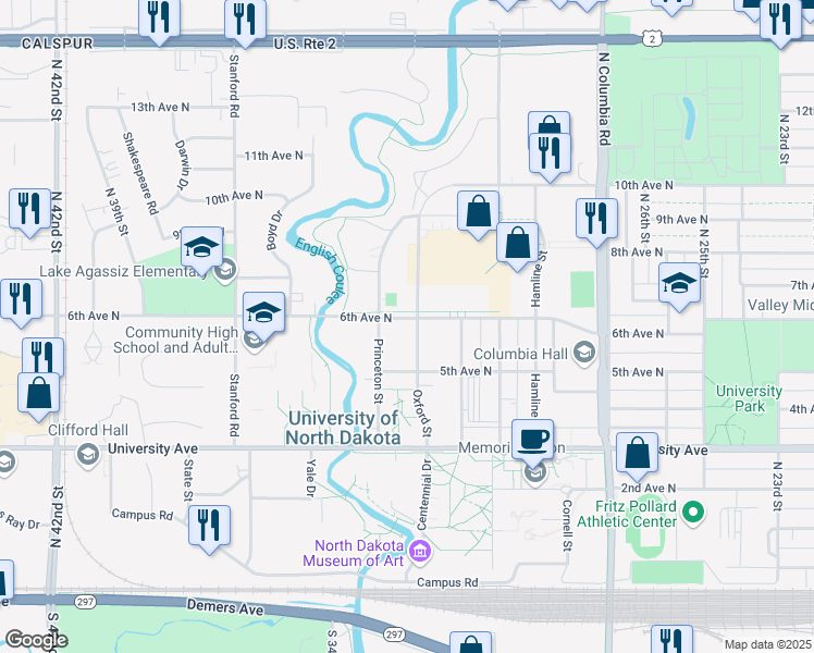 map of restaurants, bars, coffee shops, grocery stores, and more near 515 Oxford Street in Grand Forks