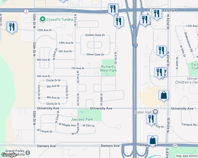 map of restaurants, bars, coffee shops, grocery stores, and more near 4859 5th Avenue North in Grand Forks