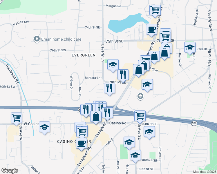 map of restaurants, bars, coffee shops, grocery stores, and more near 8102 Evergreen Way in Everett