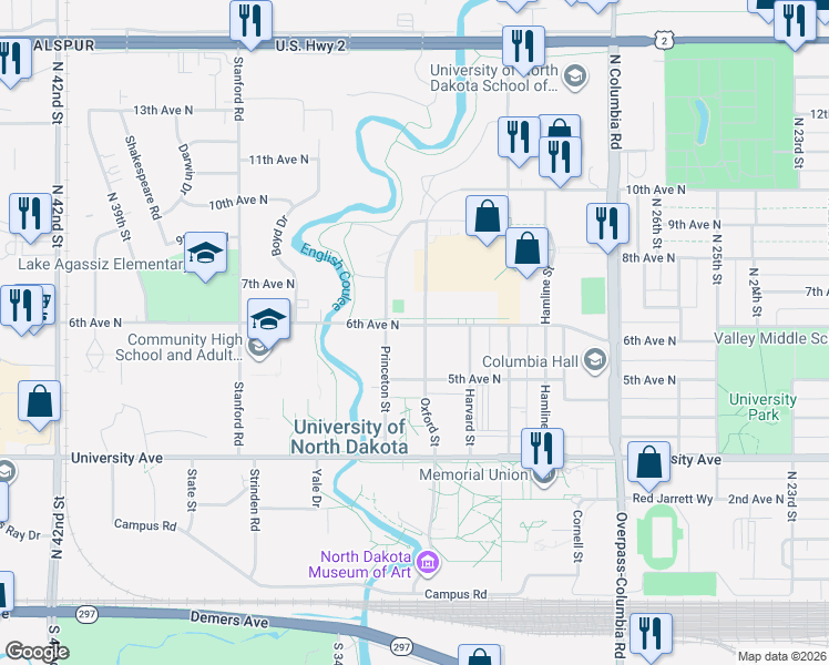 map of restaurants, bars, coffee shops, grocery stores, and more near 515 Oxford Street in Grand Forks