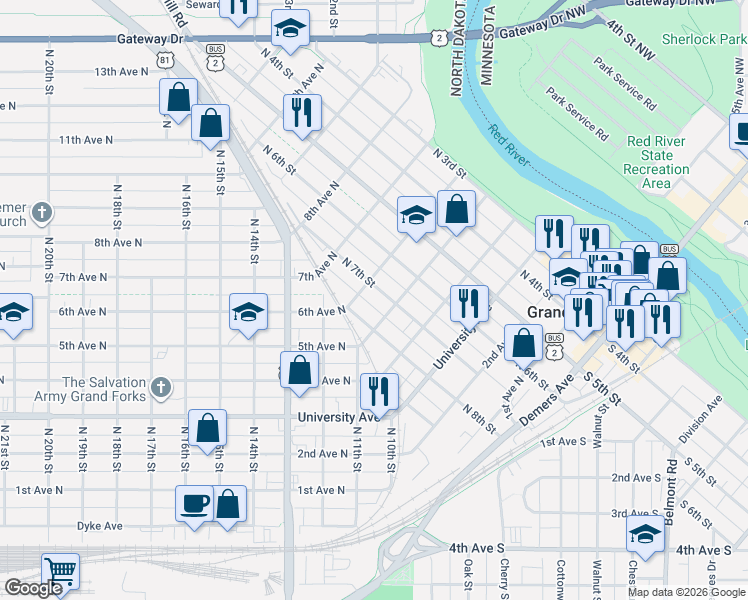 map of restaurants, bars, coffee shops, grocery stores, and more near 718 5th Avenue North in Grand Forks