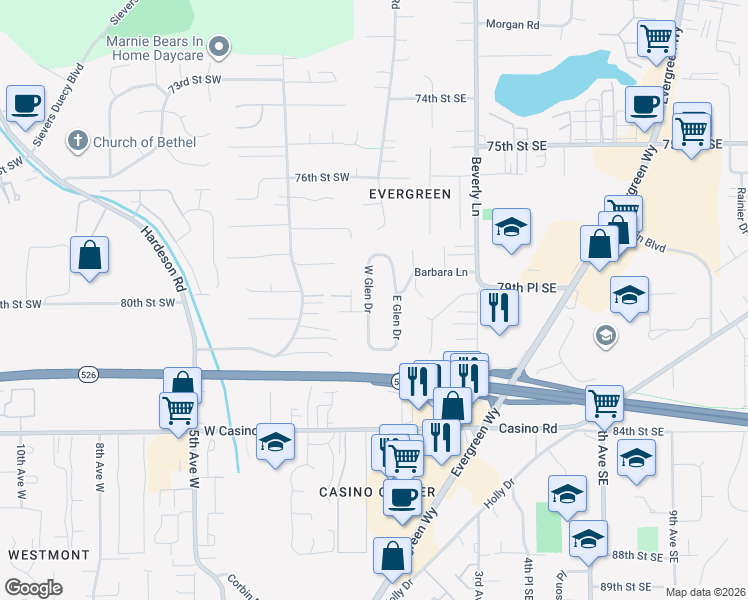 map of restaurants, bars, coffee shops, grocery stores, and more near 7923 West Glen Drive in Everett