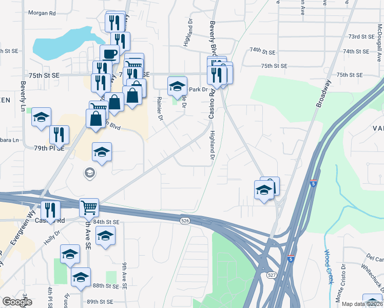 map of restaurants, bars, coffee shops, grocery stores, and more near 1401 Kossuth Avenue in Everett