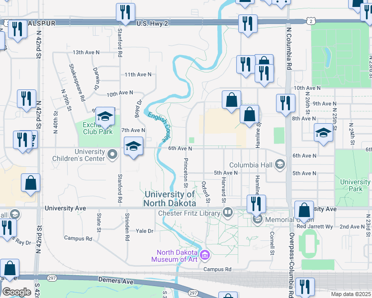 map of restaurants, bars, coffee shops, grocery stores, and more near 537 Princeton Street in Grand Forks