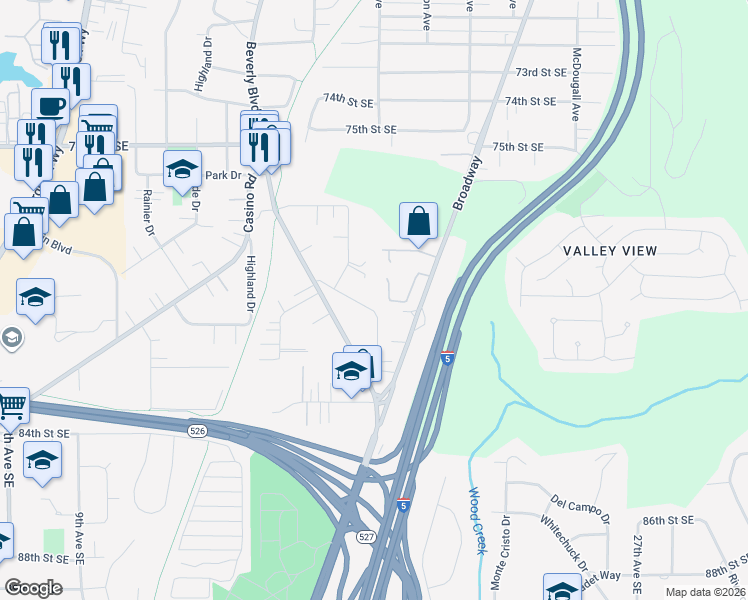 map of restaurants, bars, coffee shops, grocery stores, and more near 8123 Beverly Boulevard in Everett