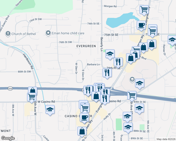map of restaurants, bars, coffee shops, grocery stores, and more near 113 79th Place Southeast in Everett