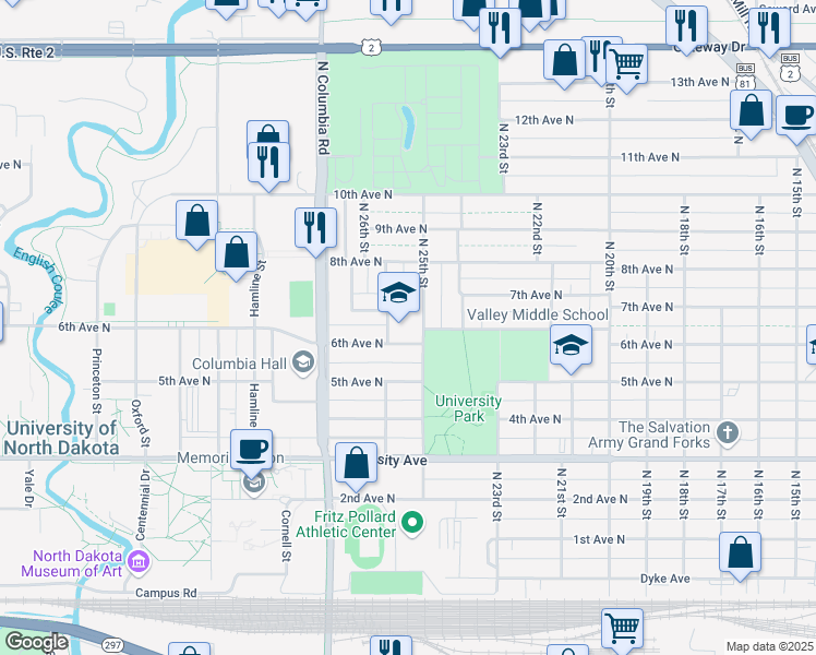 map of restaurants, bars, coffee shops, grocery stores, and more near 615 North 25th Street in Grand Forks