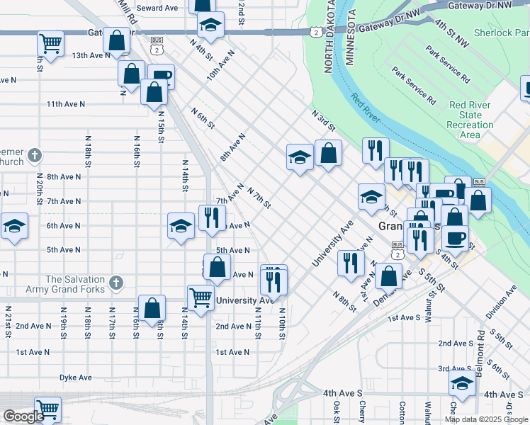 map of restaurants, bars, coffee shops, grocery stores, and more near 614 6th Avenue North in Grand Forks