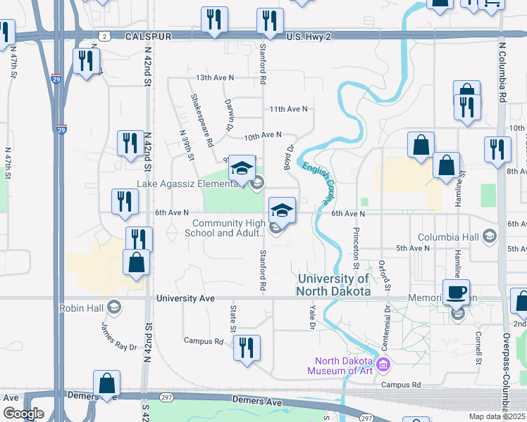 map of restaurants, bars, coffee shops, grocery stores, and more near 605 Stanford Road in Grand Forks