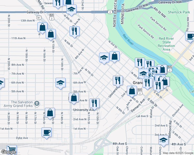map of restaurants, bars, coffee shops, grocery stores, and more near 512 North 7th Street in Grand Forks
