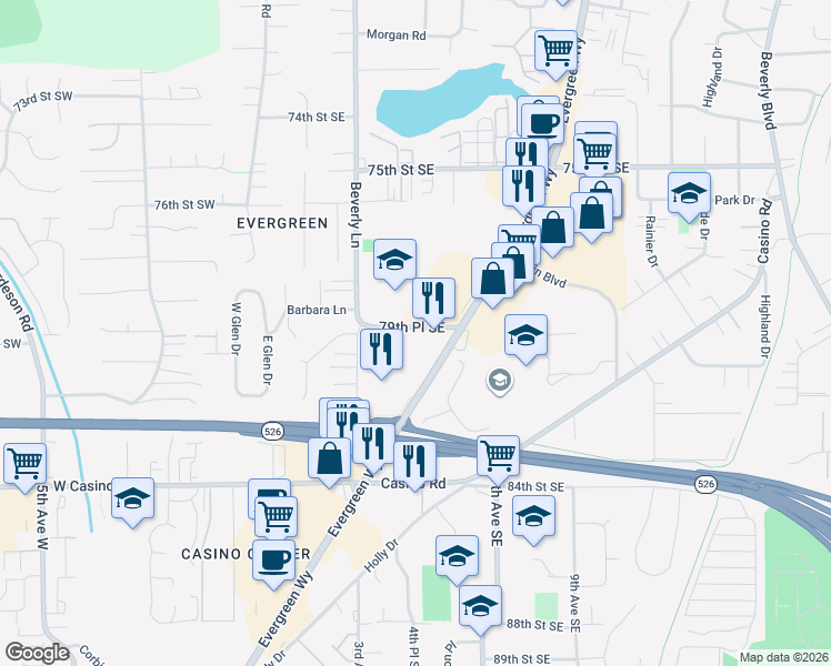 map of restaurants, bars, coffee shops, grocery stores, and more near 8102 Evergreen Way in Everett