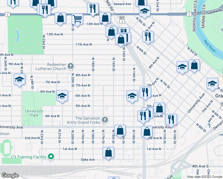 map of restaurants, bars, coffee shops, grocery stores, and more near 1610 7th Ave N in Grand Forks
