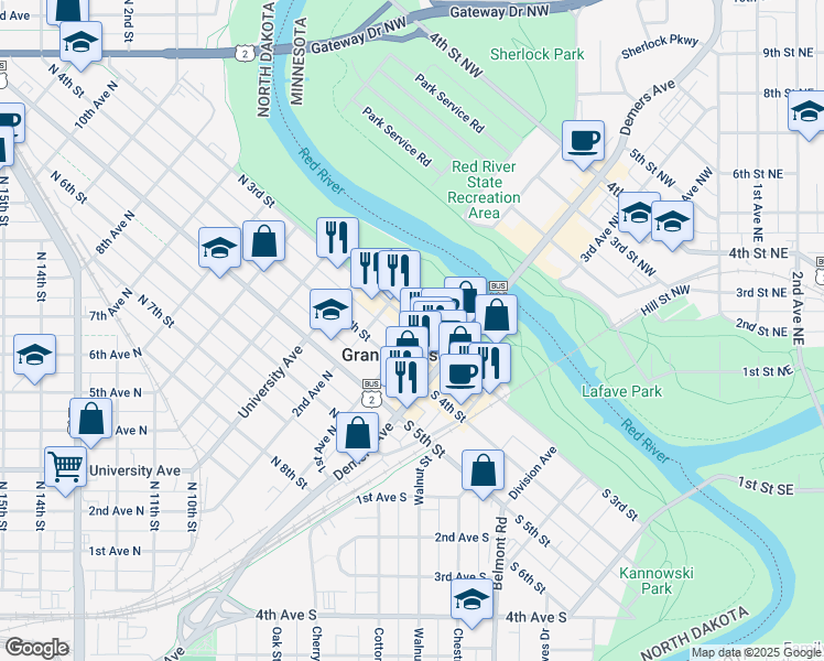 map of restaurants, bars, coffee shops, grocery stores, and more near 109 North 3rd Street in Grand Forks