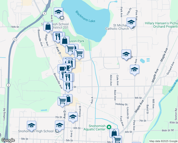 map of restaurants, bars, coffee shops, grocery stores, and more near 1017 13th Street in Snohomish