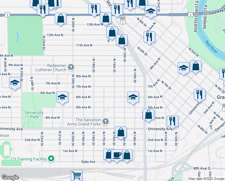 map of restaurants, bars, coffee shops, grocery stores, and more near 1610 7th Ave N in Grand Forks