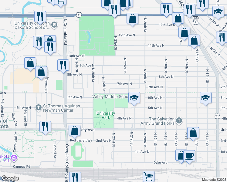 map of restaurants, bars, coffee shops, grocery stores, and more near 2221 7th Avenue North in Grand Forks