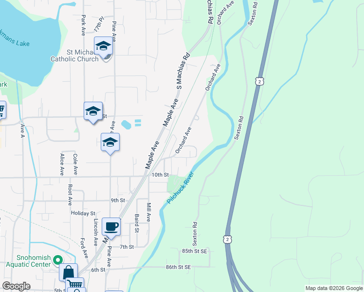 map of restaurants, bars, coffee shops, grocery stores, and more near 1104 Orchard Avenue in Snohomish