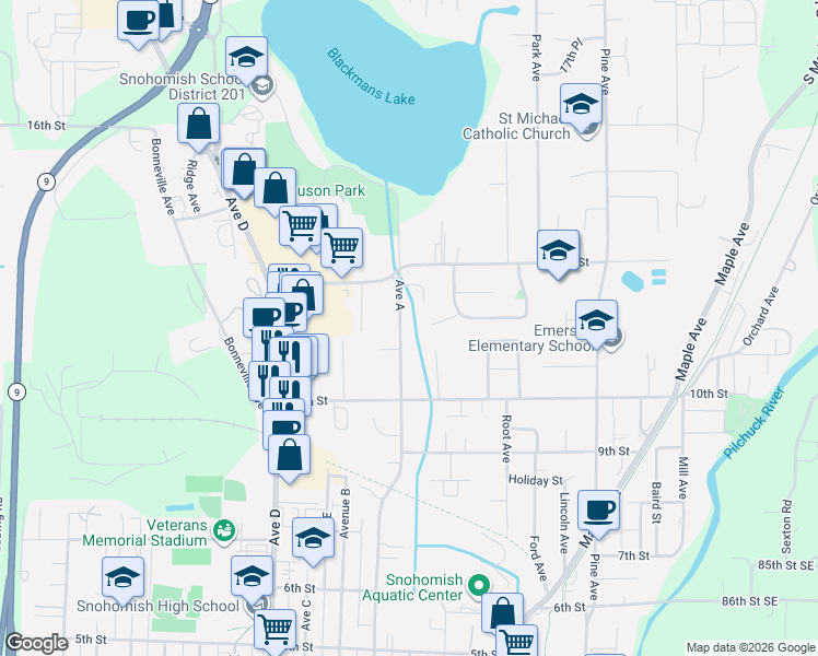 map of restaurants, bars, coffee shops, grocery stores, and more near 1115 Avenue A in Snohomish