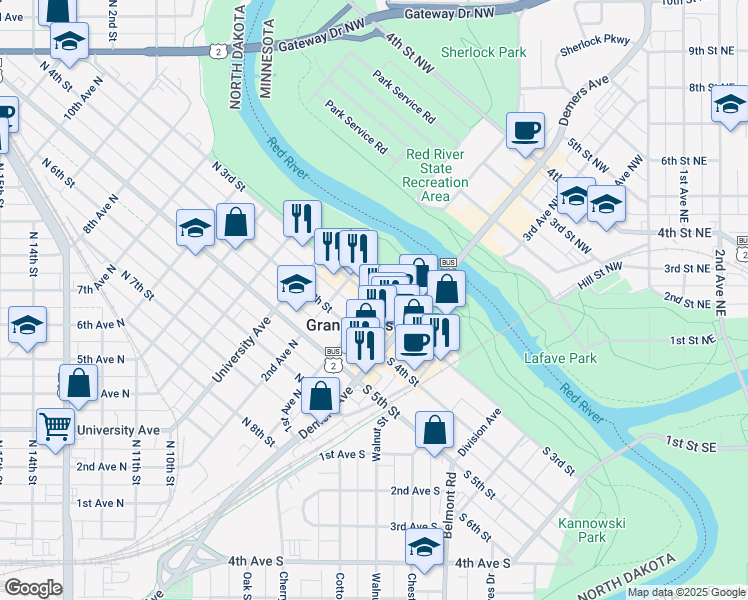 map of restaurants, bars, coffee shops, grocery stores, and more near 109 North 3rd Street in Grand Forks