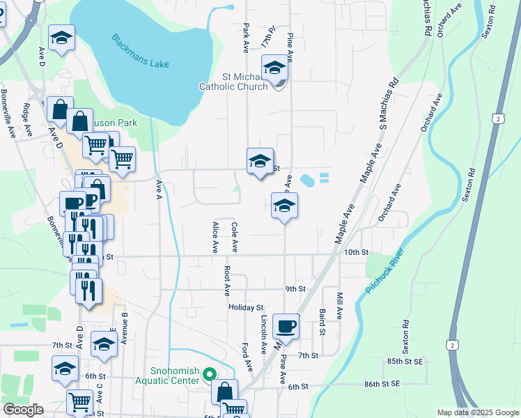 map of restaurants, bars, coffee shops, grocery stores, and more near 1124 Pine Avenue in Snohomish