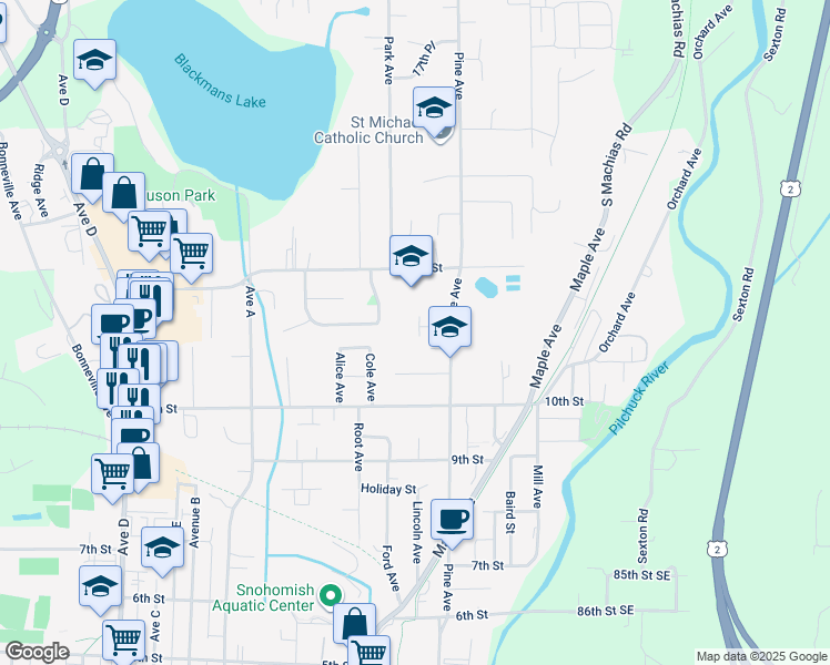 map of restaurants, bars, coffee shops, grocery stores, and more near 1124 Pine Avenue in Snohomish