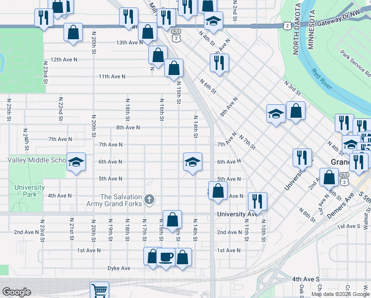map of restaurants, bars, coffee shops, grocery stores, and more near 1414 7th Avenue North in Grand Forks