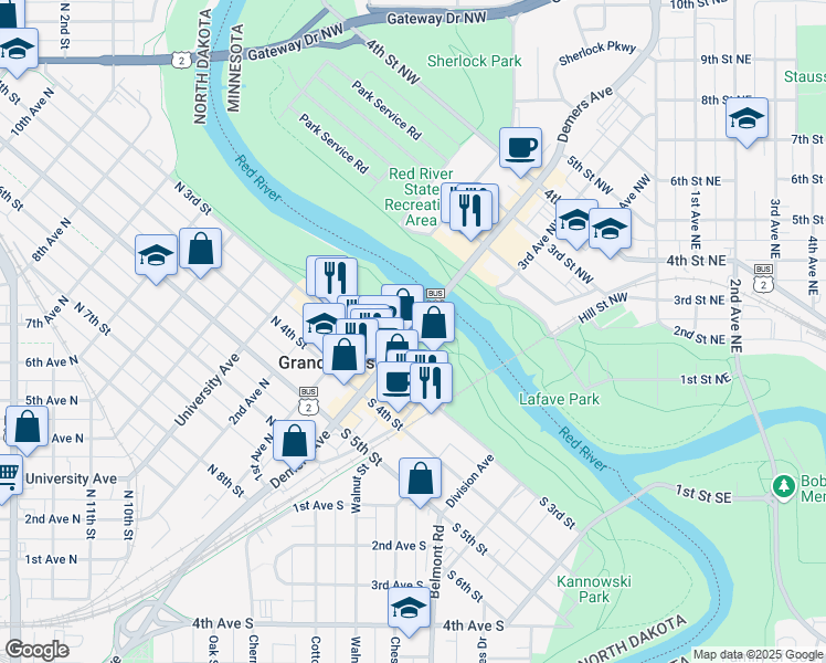 map of restaurants, bars, coffee shops, grocery stores, and more near 205 Demers Avenue in Grand Forks