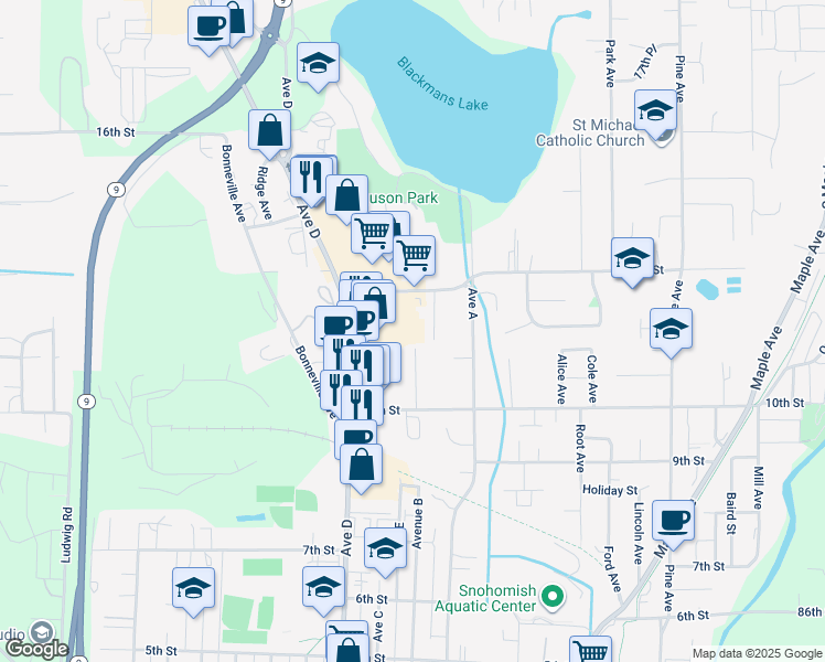 map of restaurants, bars, coffee shops, grocery stores, and more near 1119 13th Street in Snohomish