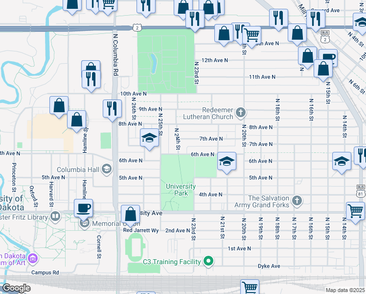 map of restaurants, bars, coffee shops, grocery stores, and more near 2311 7th Avenue North in Grand Forks