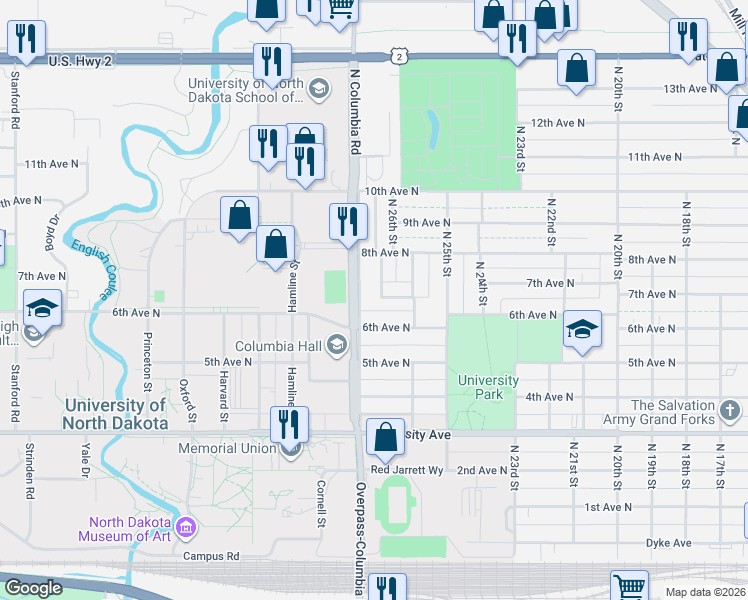 map of restaurants, bars, coffee shops, grocery stores, and more near 146 Columbia Court in Grand Forks