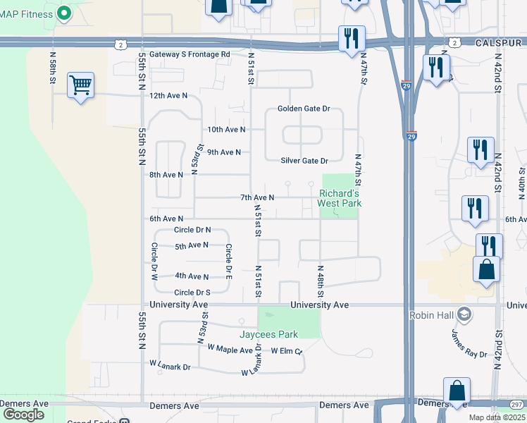 map of restaurants, bars, coffee shops, grocery stores, and more near 5017 7th Avenue North in Grand Forks